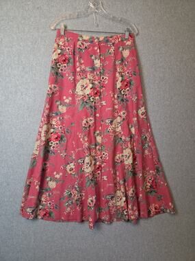 Vintage Napa Studio Linen Blend Pink Floral Button Front Maxi Skirt Women's 12